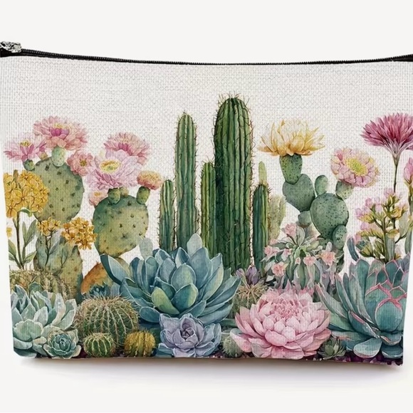 Handbags - Botanical Cactus & Succulent Cosmetic Pouch - Pink & Green Floral Cacti Bag